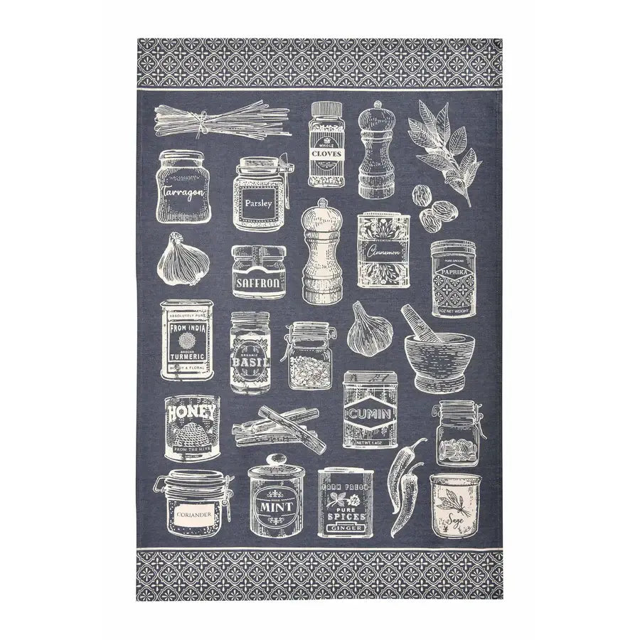 Tea towel with white graphics of kitchen items on a dark background