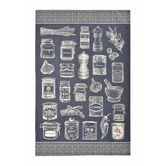 Tea towel with white graphics of kitchen items on a dark background