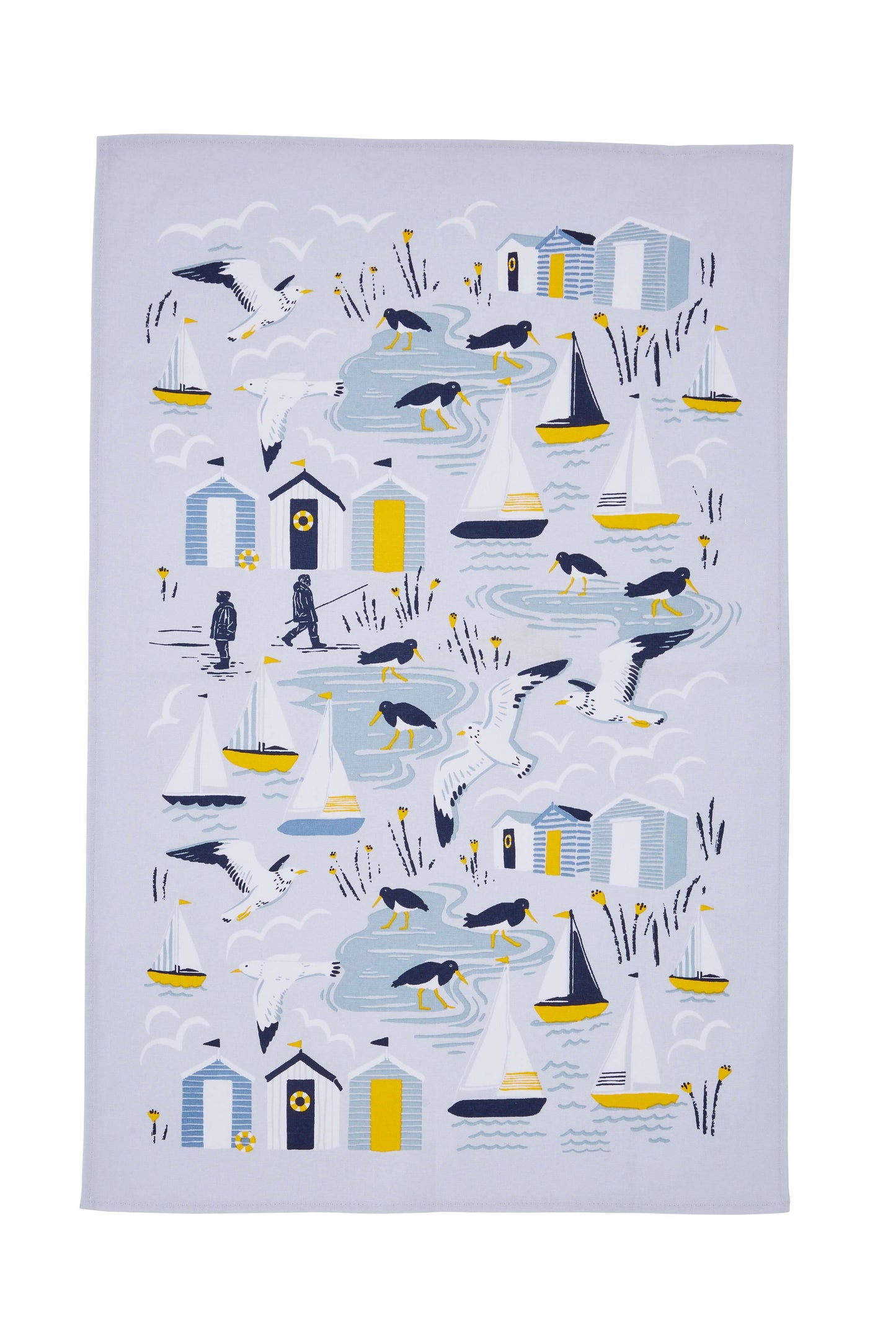 Tea towel with coastal design featuring sailboats, lighthouses, and other sea-themed elements on a white background.