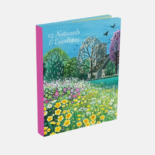 Pack of 12 notecards with envelopes featuring a scenic illustration of a house and garden.