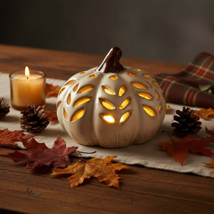 Decorative pumpkin with a brown stem on a  seasonal table setting with pine cones and autumn leaves