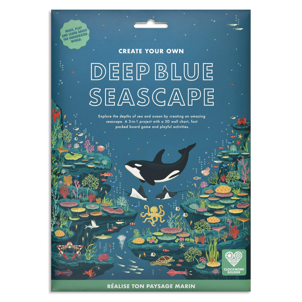 Packaging for 'Create Your Own Deep Blue Seascape' with illustrations of ocean life on a blue background.