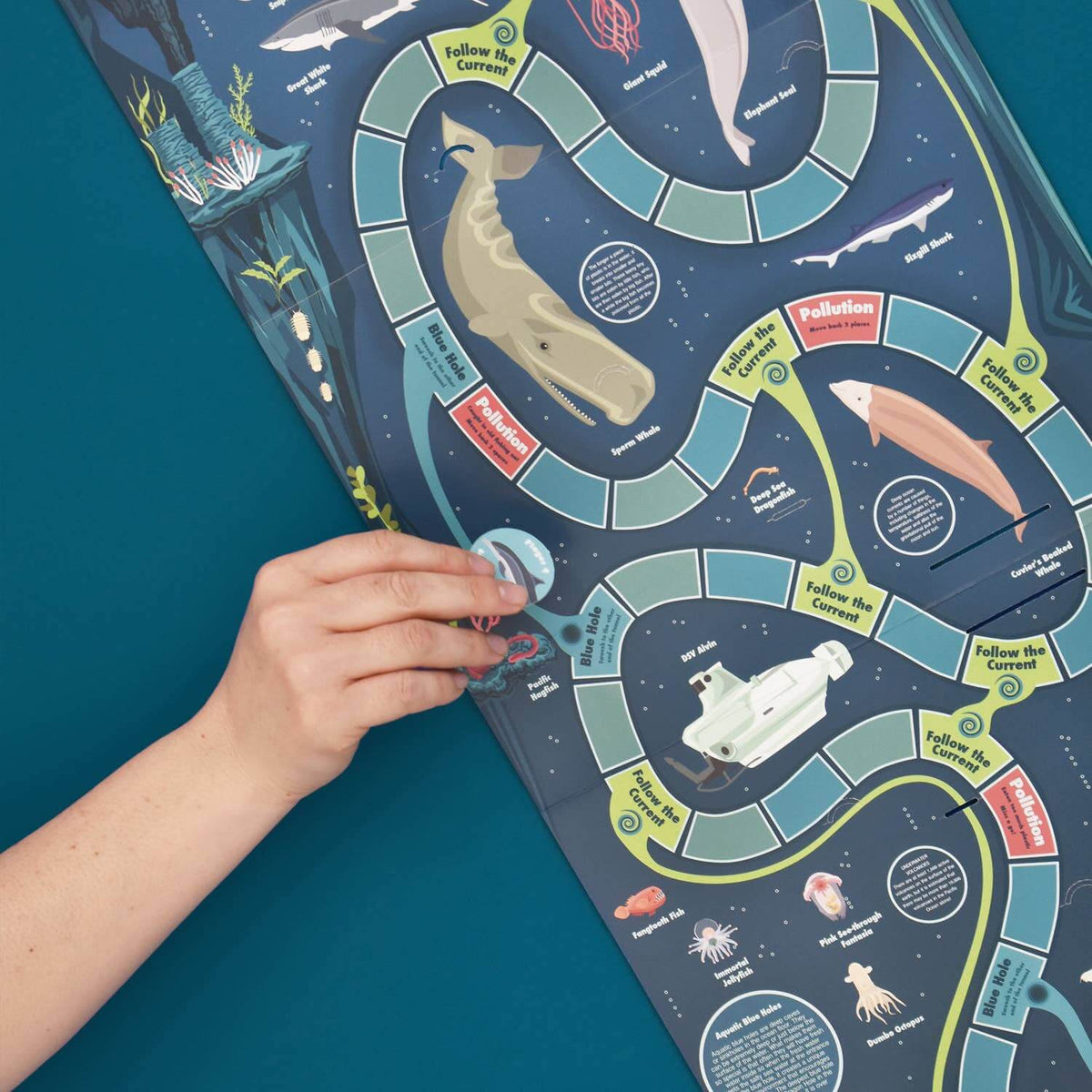 Board game with whale-themed design on a blue background