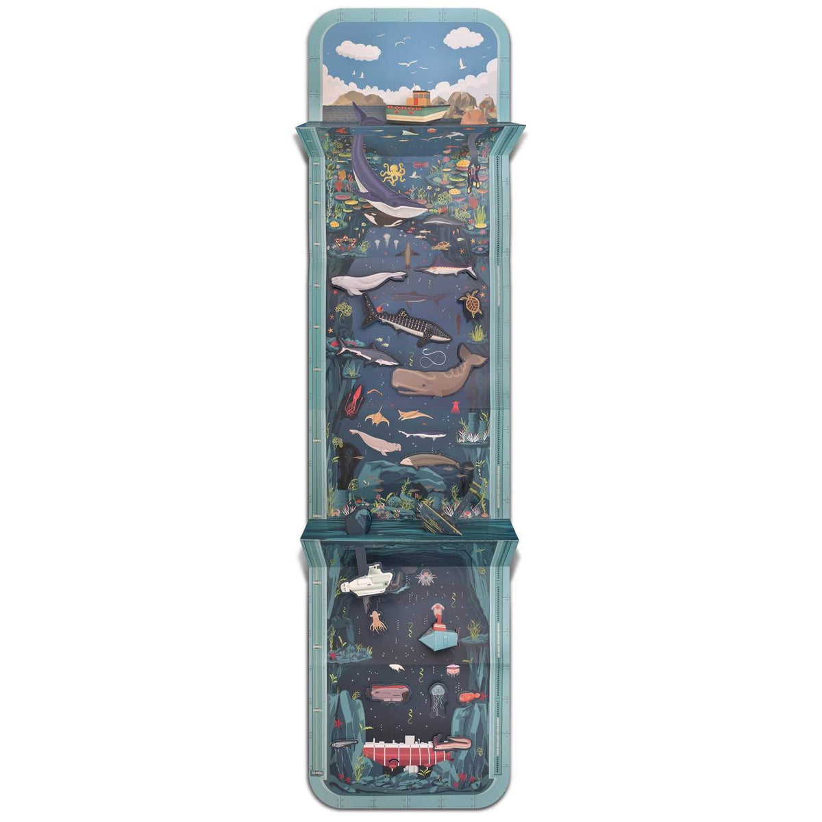 Foldable map with ocean-themed design featuring whales and a cityscape on a white background