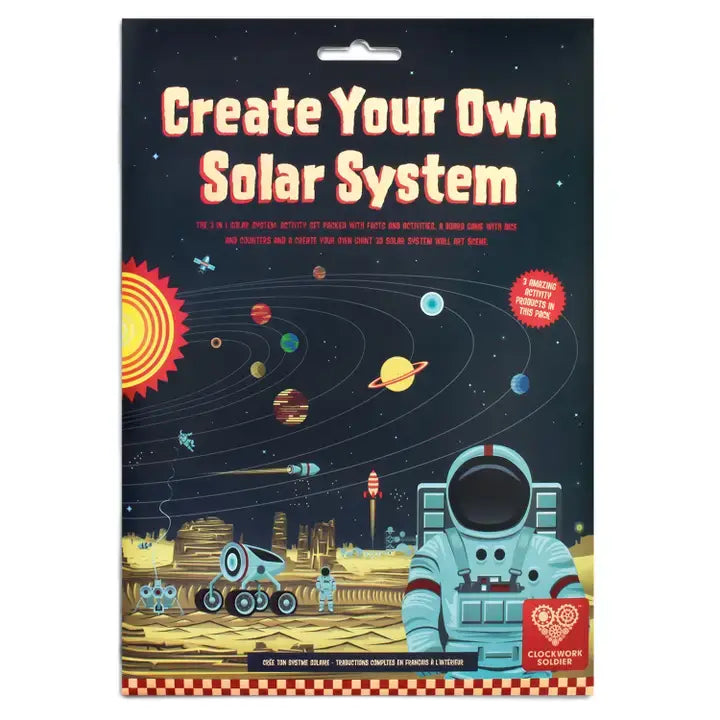 Packaging for 'Create Your Own Solar System' kit with space-themed design and astronaut illustration.