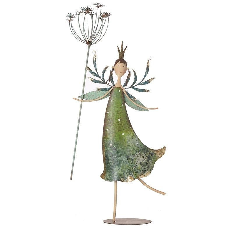Decorative fairy figure with a green dress and floral wings on a white background