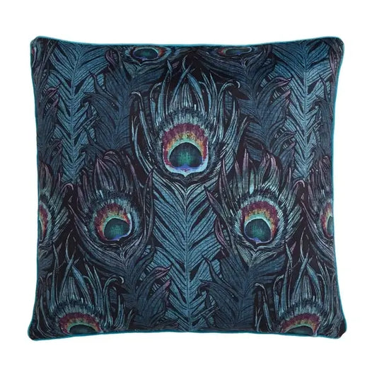 Teal Dandy Peacock cushion cover with repeating peacock feather pattern