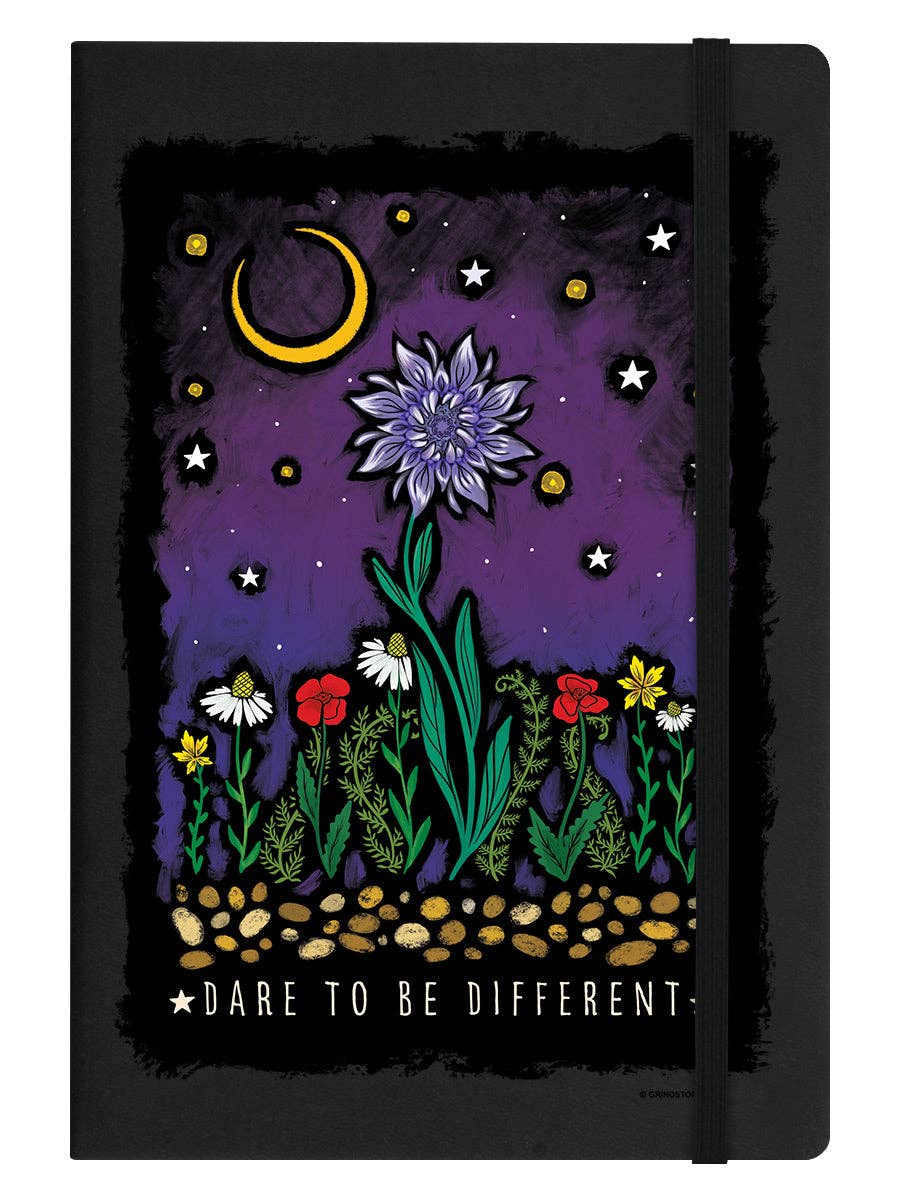 Black notebook with a floral design and 'Dare to Be Different' text on a purple background