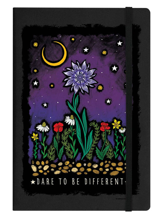 Black notebook with a floral design and 'Dare to Be Different' text on a purple background