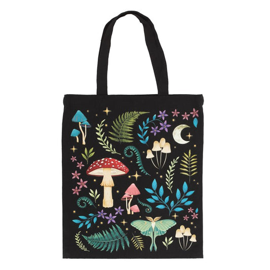 Dark Forrest print black tote bag with mushrooms, leaves and lunar moth