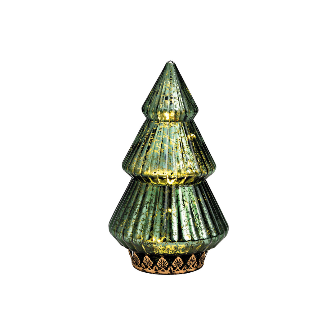 Decorative green glass Christmas tree with a white background
