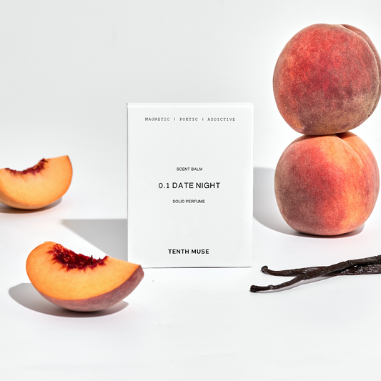 Peaches and a vanilla bean with a product label on a white background