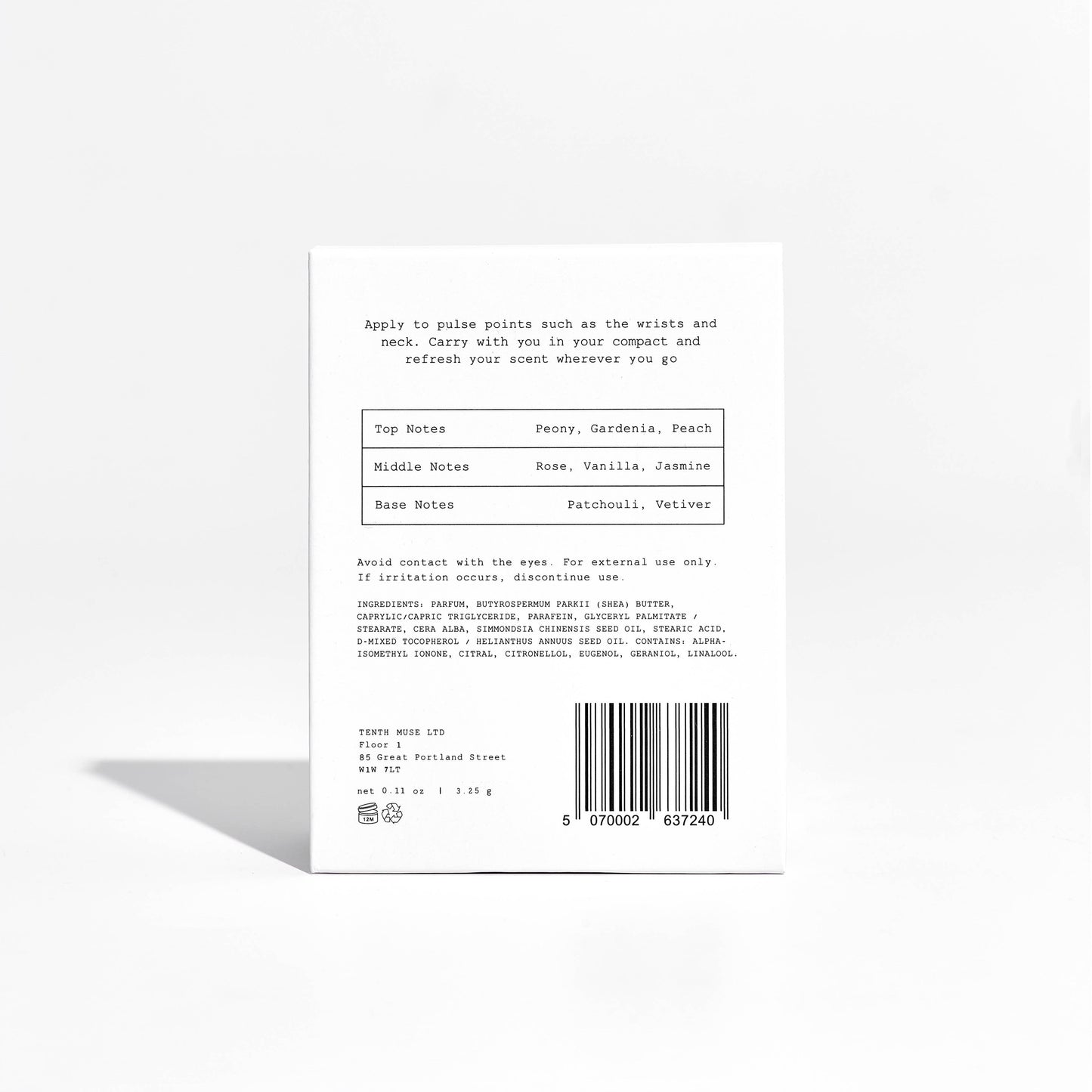 Product label with text and a barcode on a white background