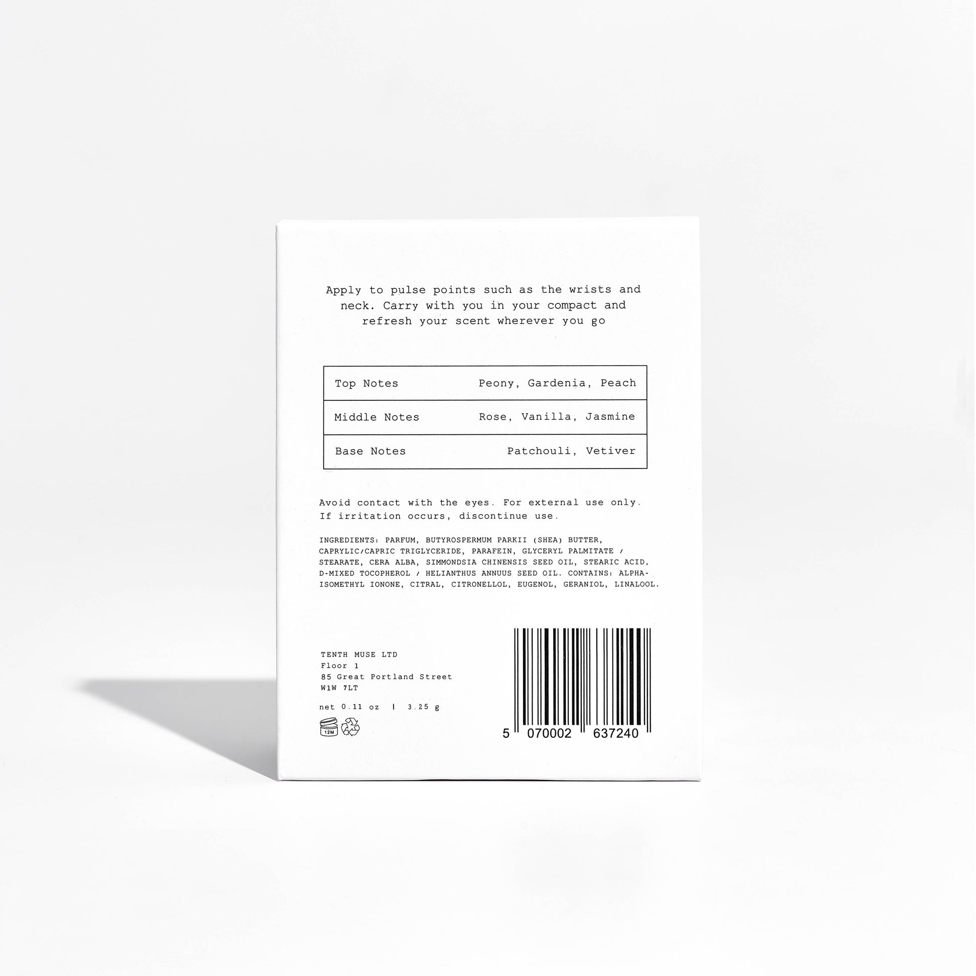 Product label with text and a barcode on a white background