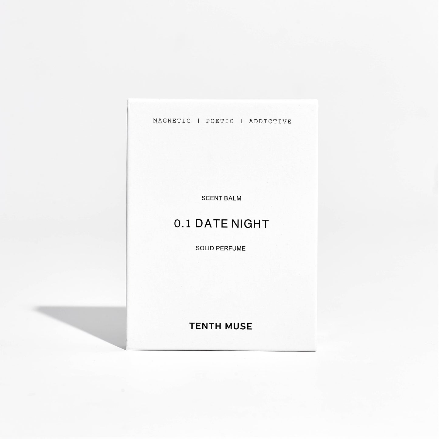 Tenth Muse solid perfume packaging with product name and brand on a white background