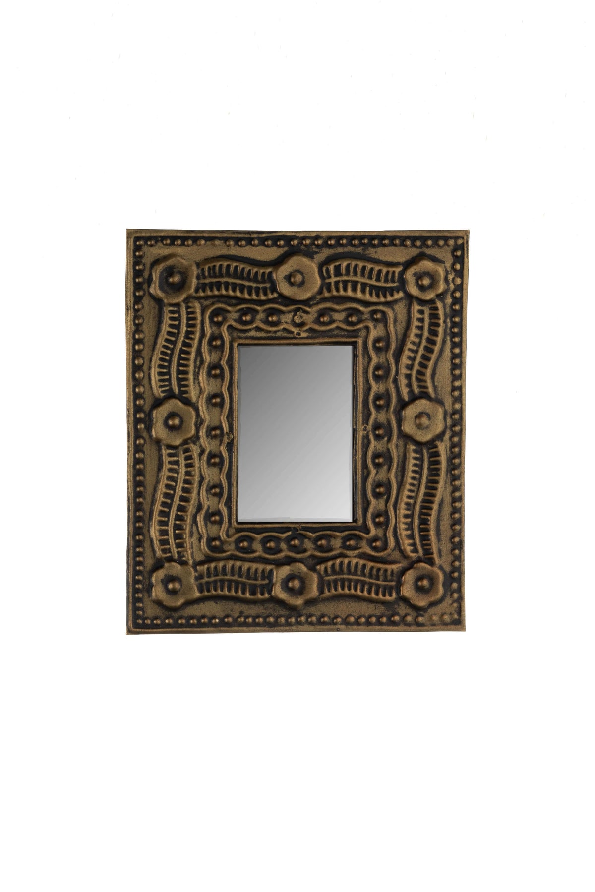 An ornate rectangular wall mirror with a heavily carved, embossed bronze and gold-toned frame featuring floral and scrollwork details.