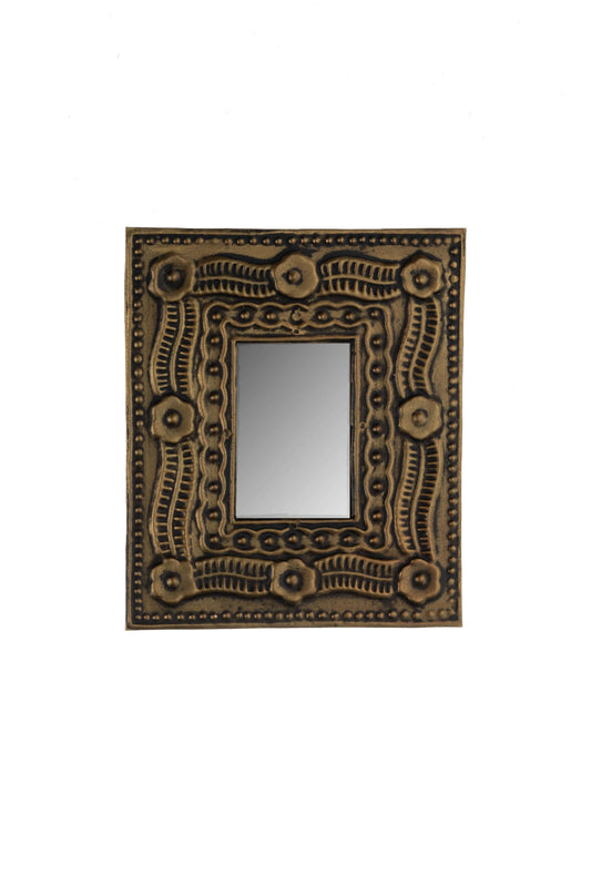 An ornate rectangular wall mirror with a heavily carved, embossed bronze and gold-toned frame featuring floral and scrollwork details.