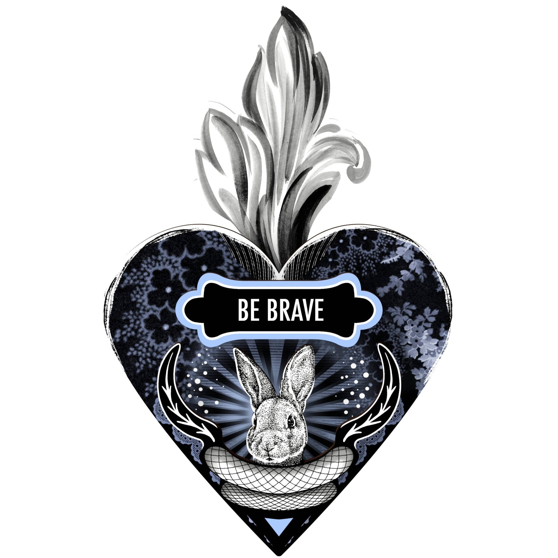 A decorative heart-shaped wall art with a 'Be Brave' motivational quote, a hare motif, and leaf details, predominantly in black, blue, and white colors.