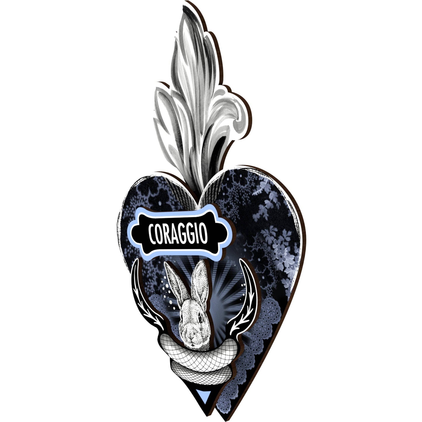 A decorative heart-shaped wall art with a 'Be Brave' motivational quote, a hare motif, and leaf details, predominantly in black, blue, and white colors.