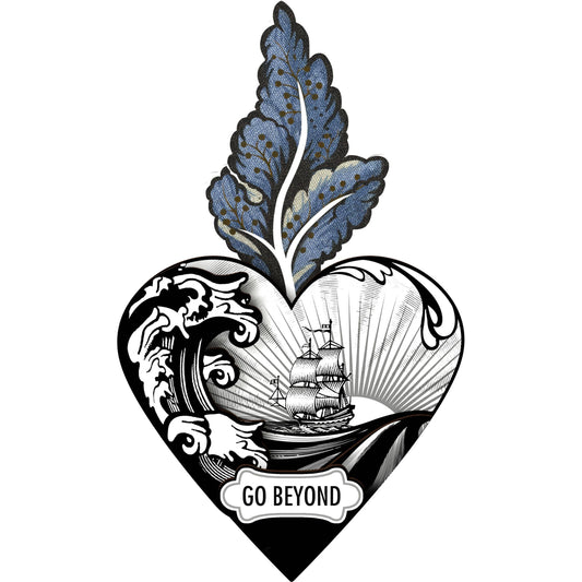 A decorative heart-shaped wall art with a motivational 'Go Beyond' quote, featuring a tall ship and wave motif, and leaf detail, primarily in black, white, and shades of blue.