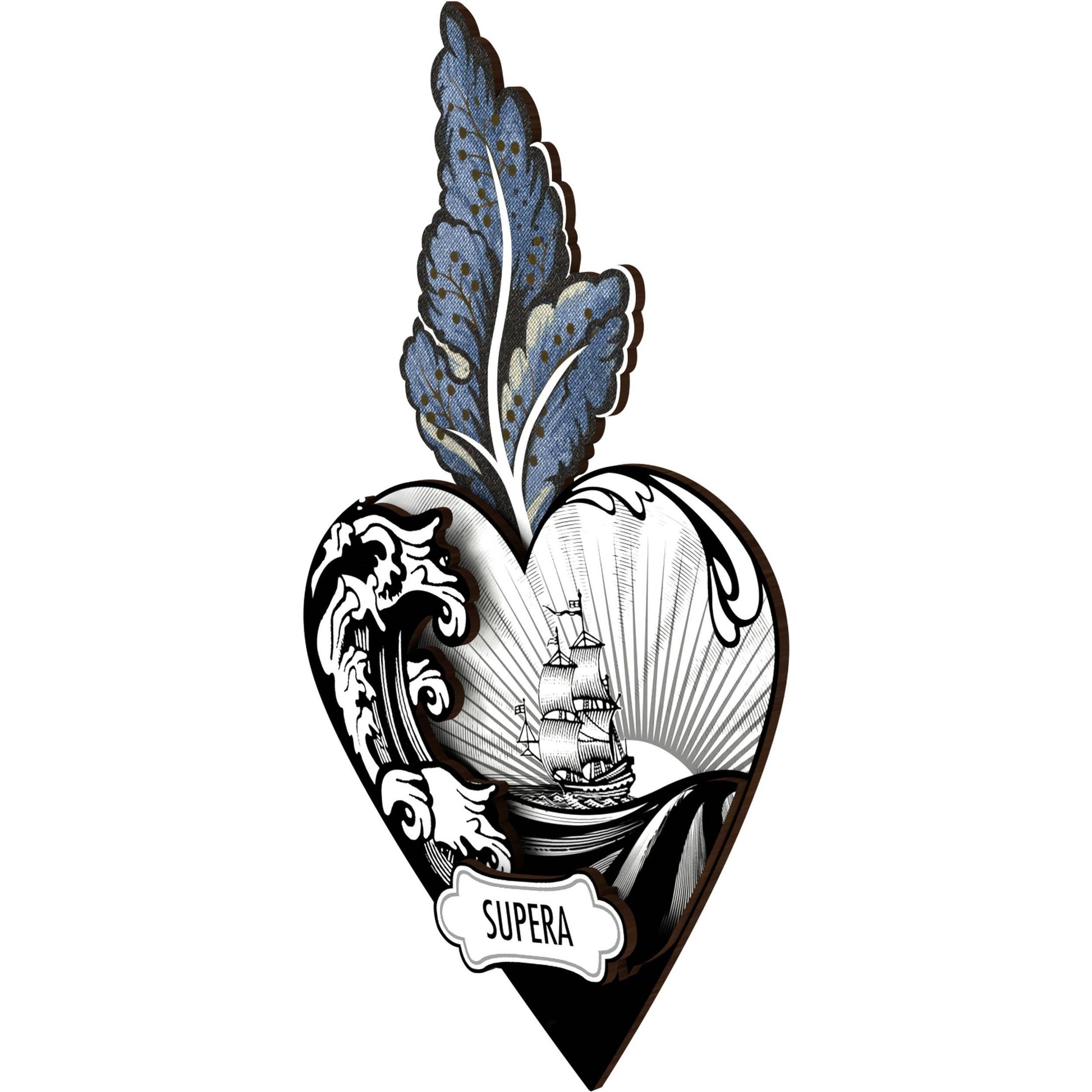 A decorative heart-shaped wall art with a motivational 'Go Beyond' quote, featuring a tall ship and wave motif, and leaf detail, primarily in black, white, and shades of blue.
