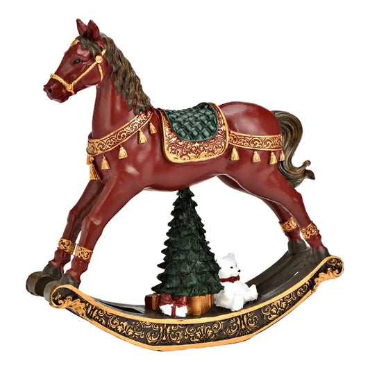 Decorative rocking horse with a small tree and bear on a white background