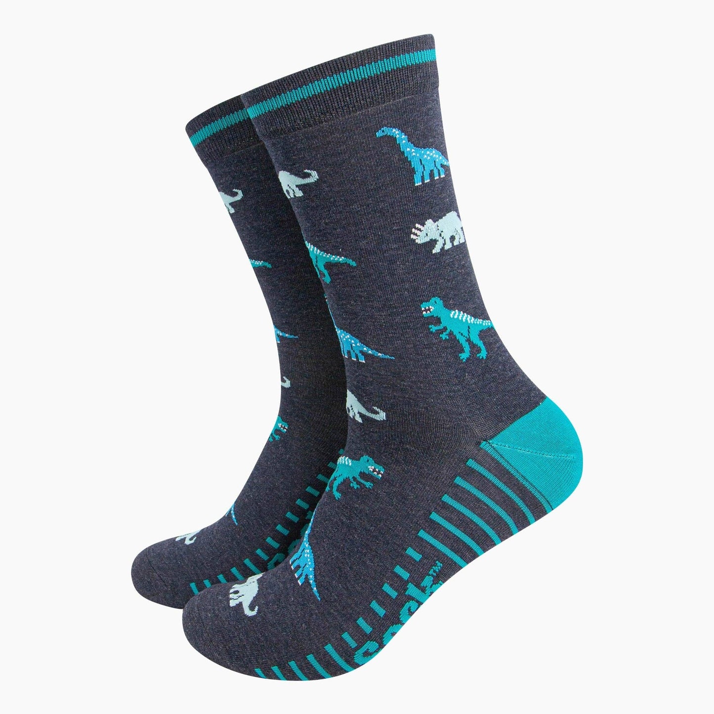 Pair of socks with dinosaur pattern on a white background