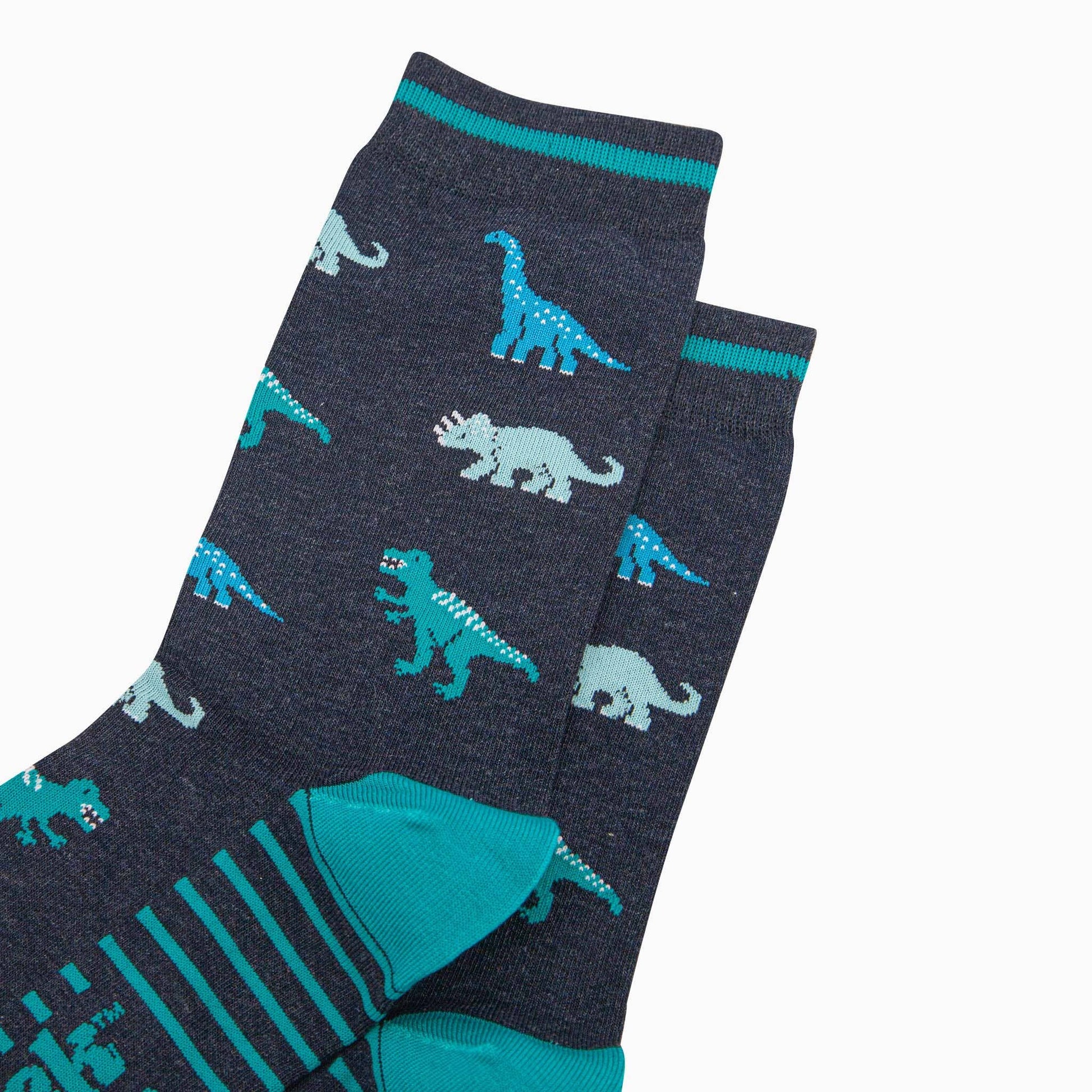 Dinosaur-themed socks with blue and gray designs on a white background