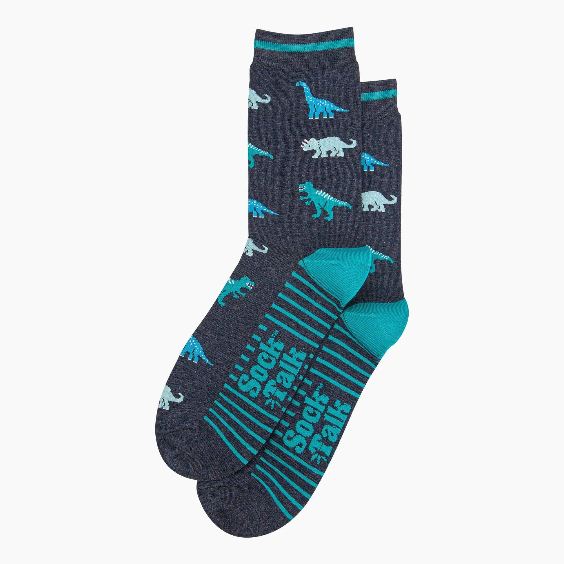 Pair of socks with dinosaur pattern and teal accents on a white background