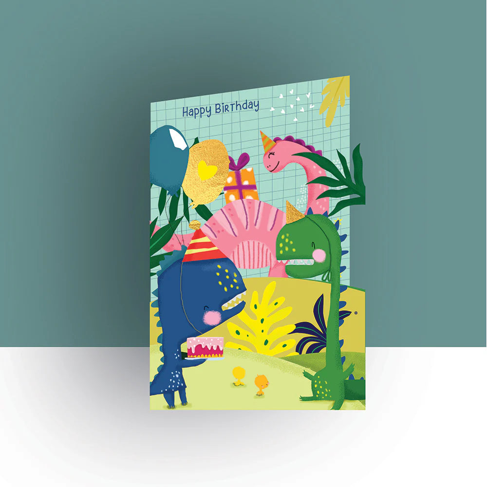 Colorful birthday card with dinosaurs