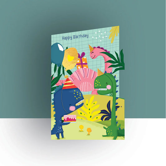 Colorful birthday card with dinosaurs