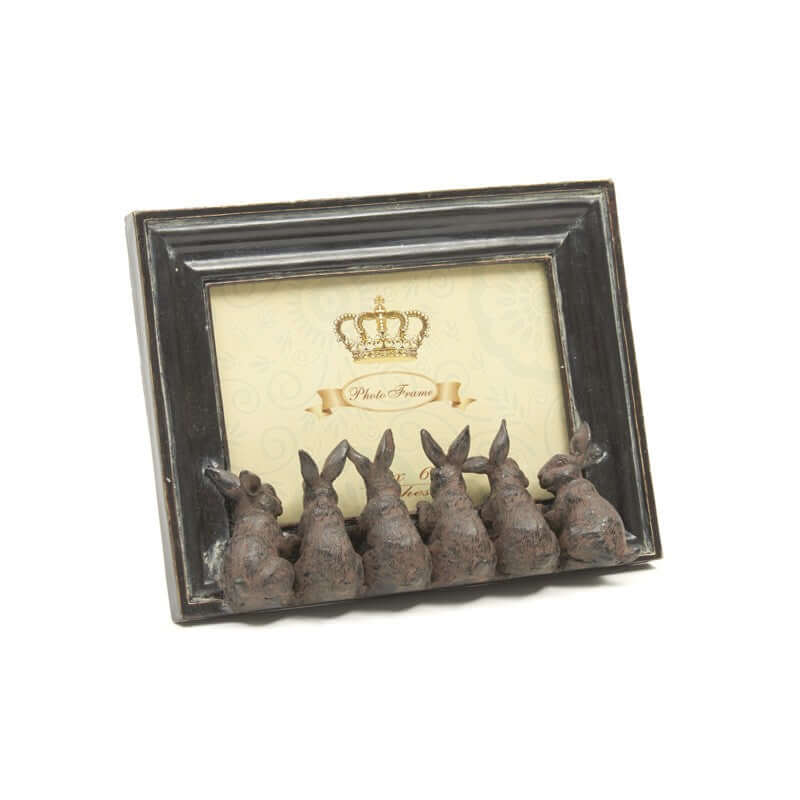 Distressed Black Bunny Rabbit Photo Frame. 6 little 3D bunnies sitting across the bottom of the frame looking into the picture.Rustic Nursery & Home Décor 