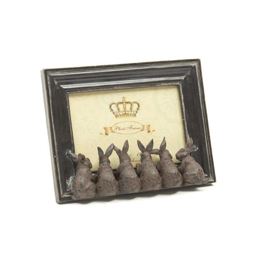 Distressed Black Bunny Rabbit Photo Frame. 6 little 3D bunnies sitting across the bottom of the frame looking into the picture.Rustic Nursery & Home Décor 
