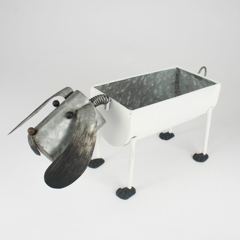 Metal dog shaped planter with tail and ears