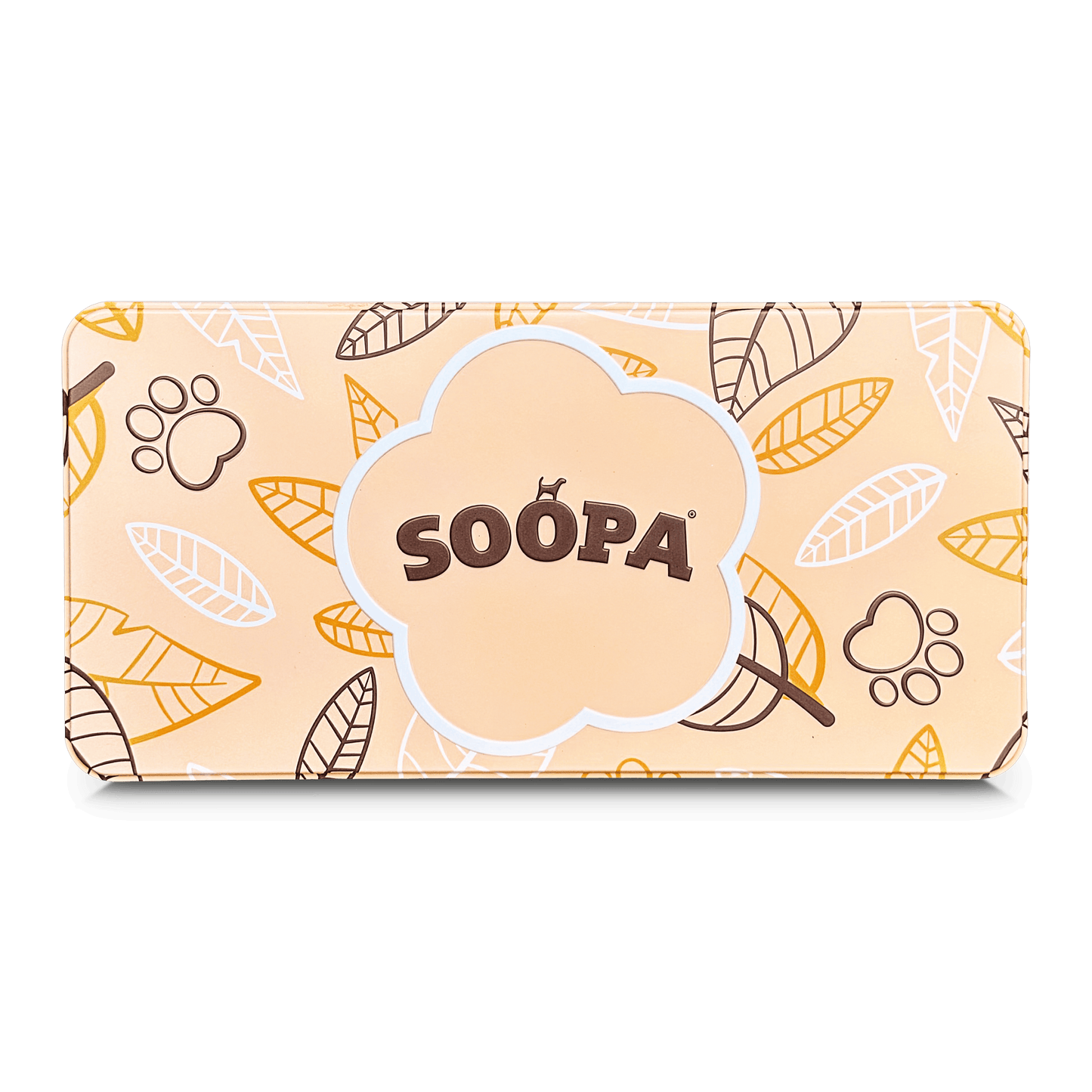 Beige dog treat tin with 'SOOPA' branding and leaf patterns on a white background
