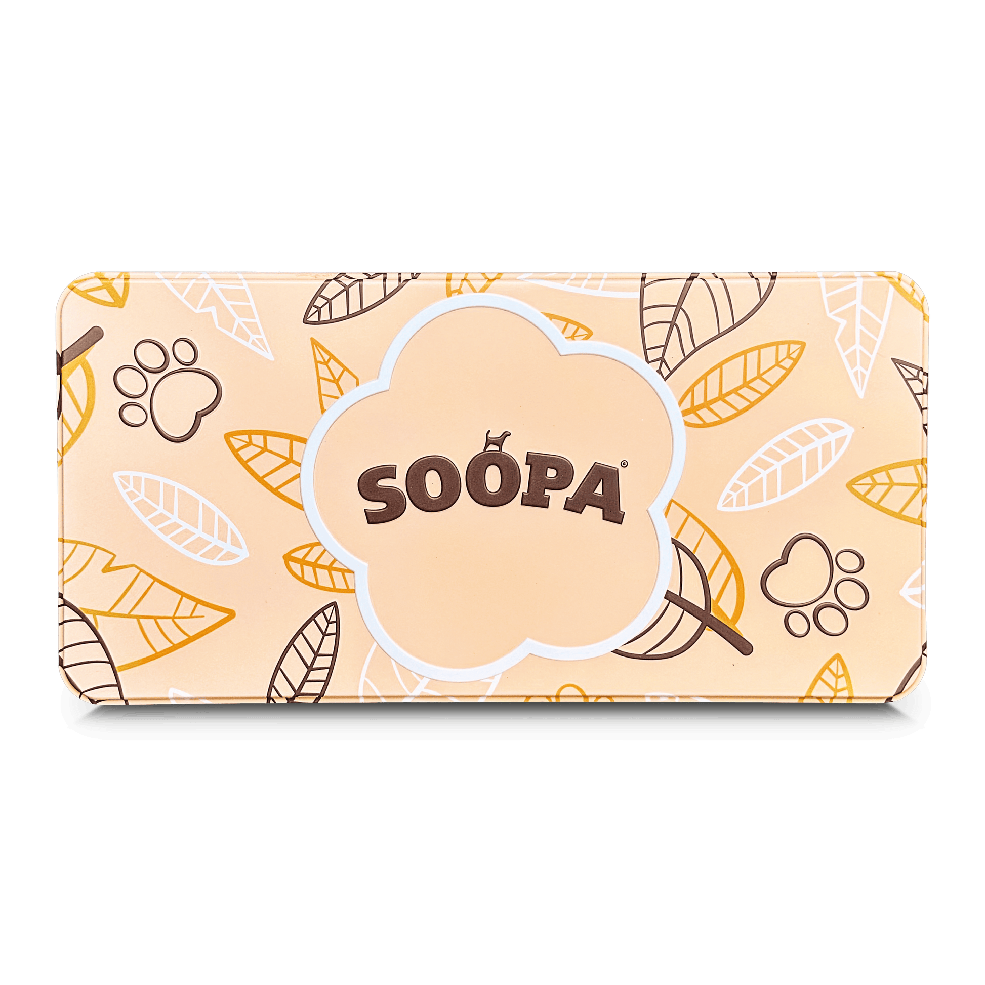 Beige dog treat tin with 'SOOPA' branding and leaf patterns on a white background