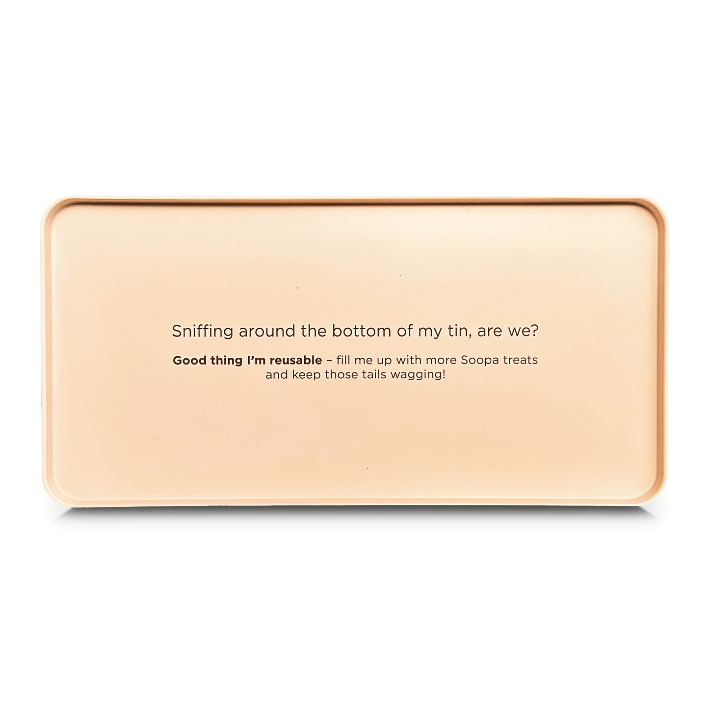 Dog treat tin with text on a white background