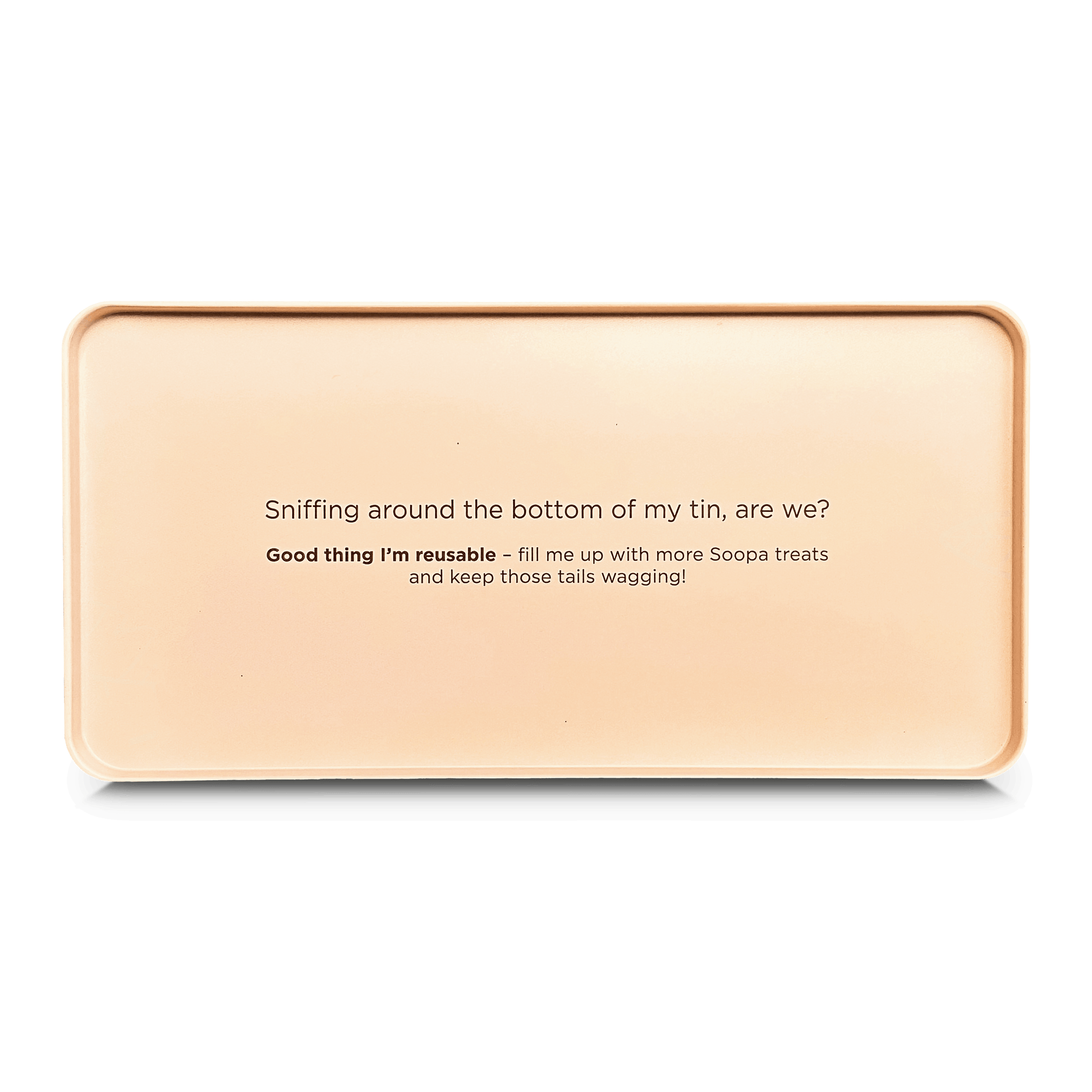 Dog treat tin with text on a white background