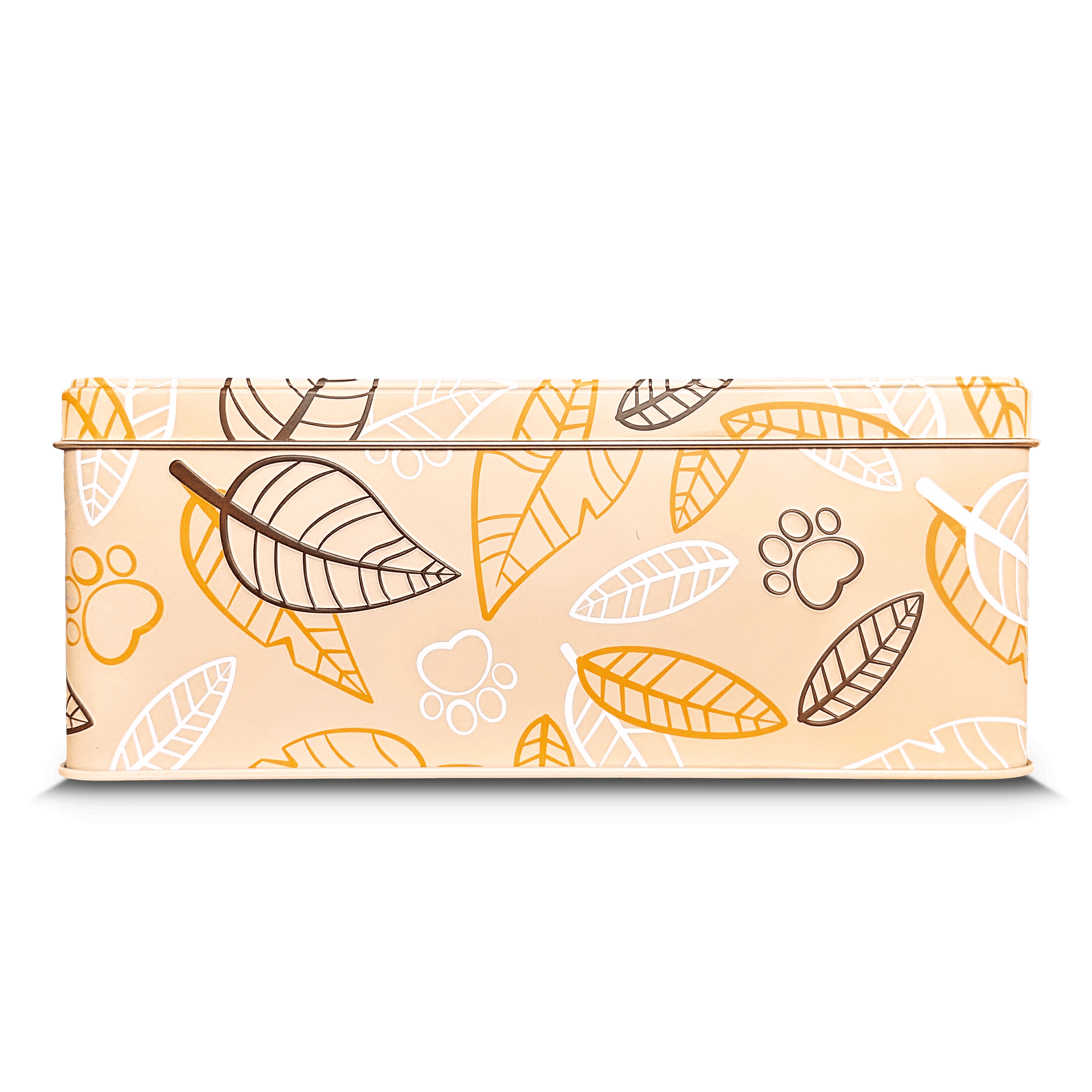Rectangular tin with leaf and paw print design on a white background