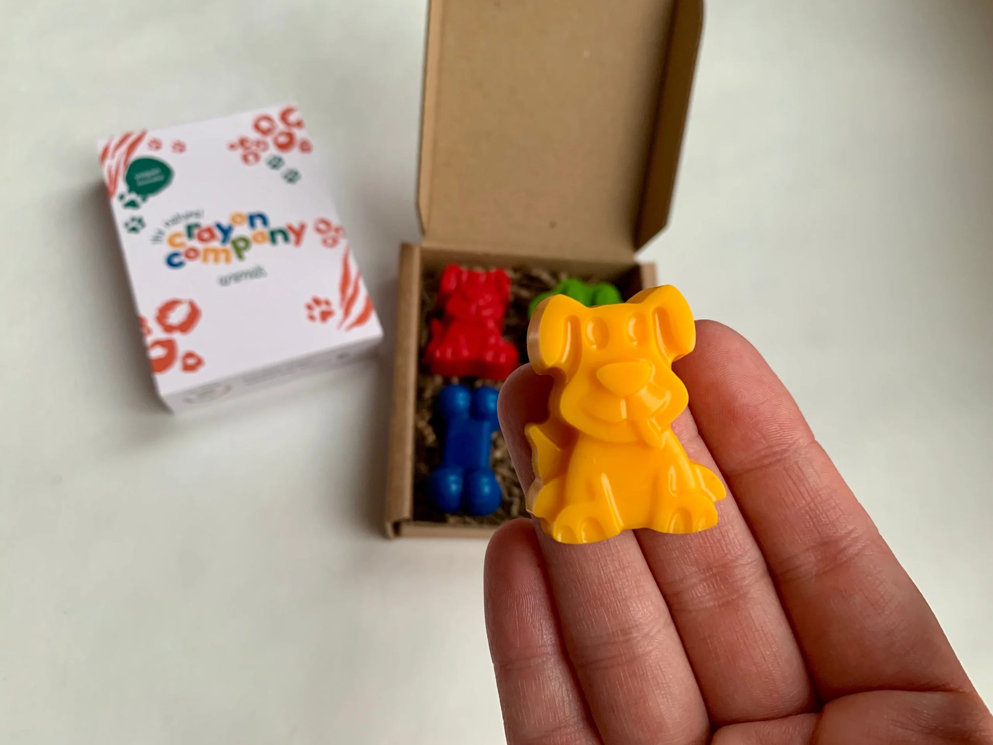 Colorful dog-shaped crayon held in a hand with a branded box in the background