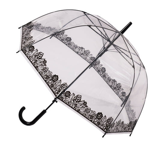 Clear dome style umbrella with black lace effect around the edge