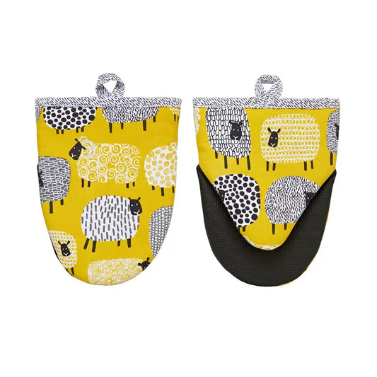 Pair of oven mitts with sheep pattern on a yellow background