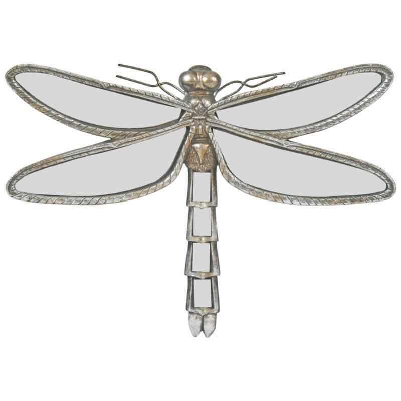 A decorative wall-mounted mirror shaped like a dragonfly with a metallic finish.
