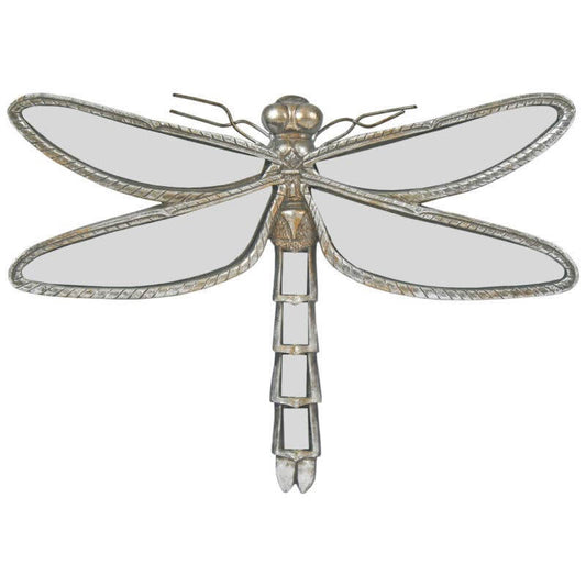 A decorative wall-mounted mirror shaped like a dragonfly with a metallic finish.