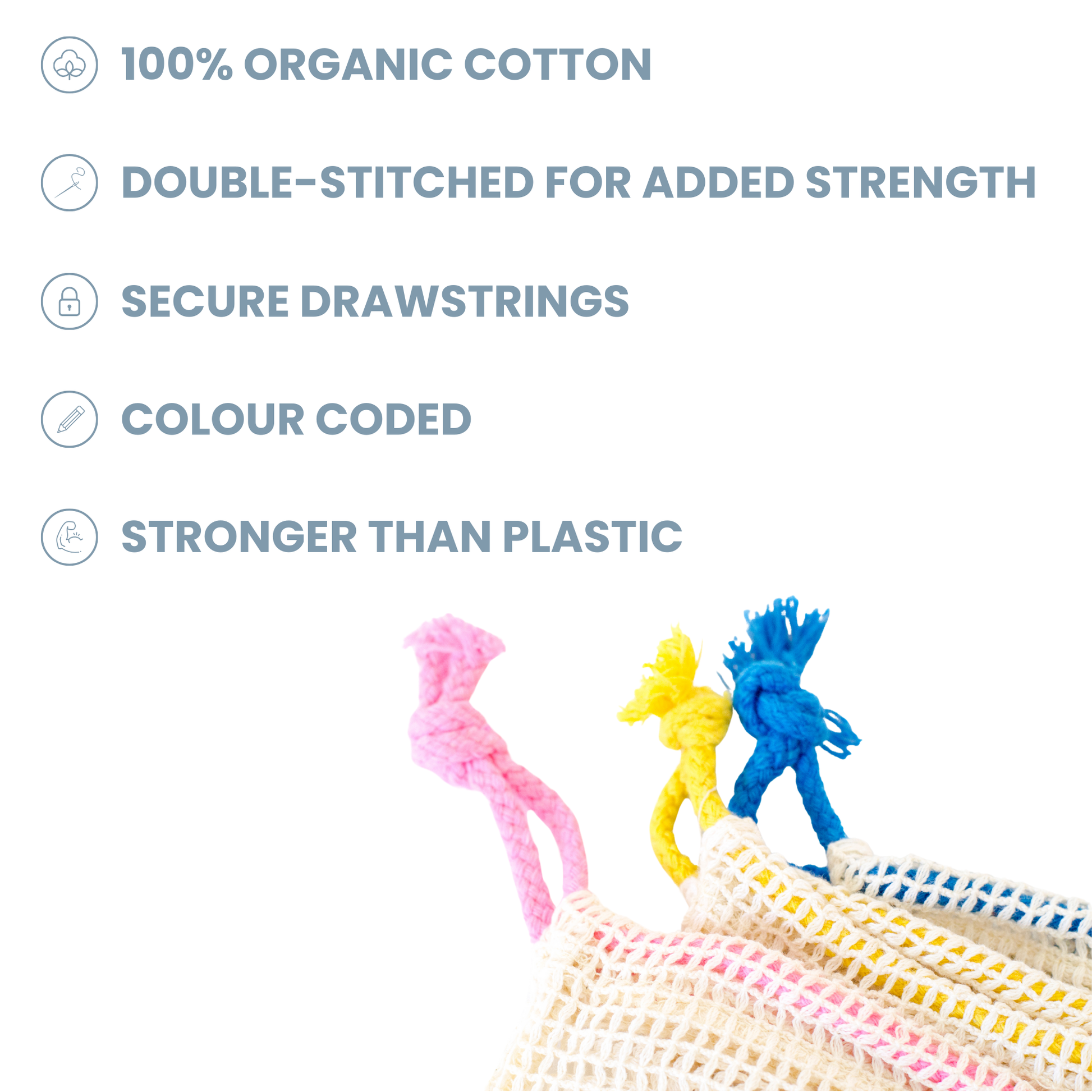 Color-coded drawstrings with text about product features on a white background