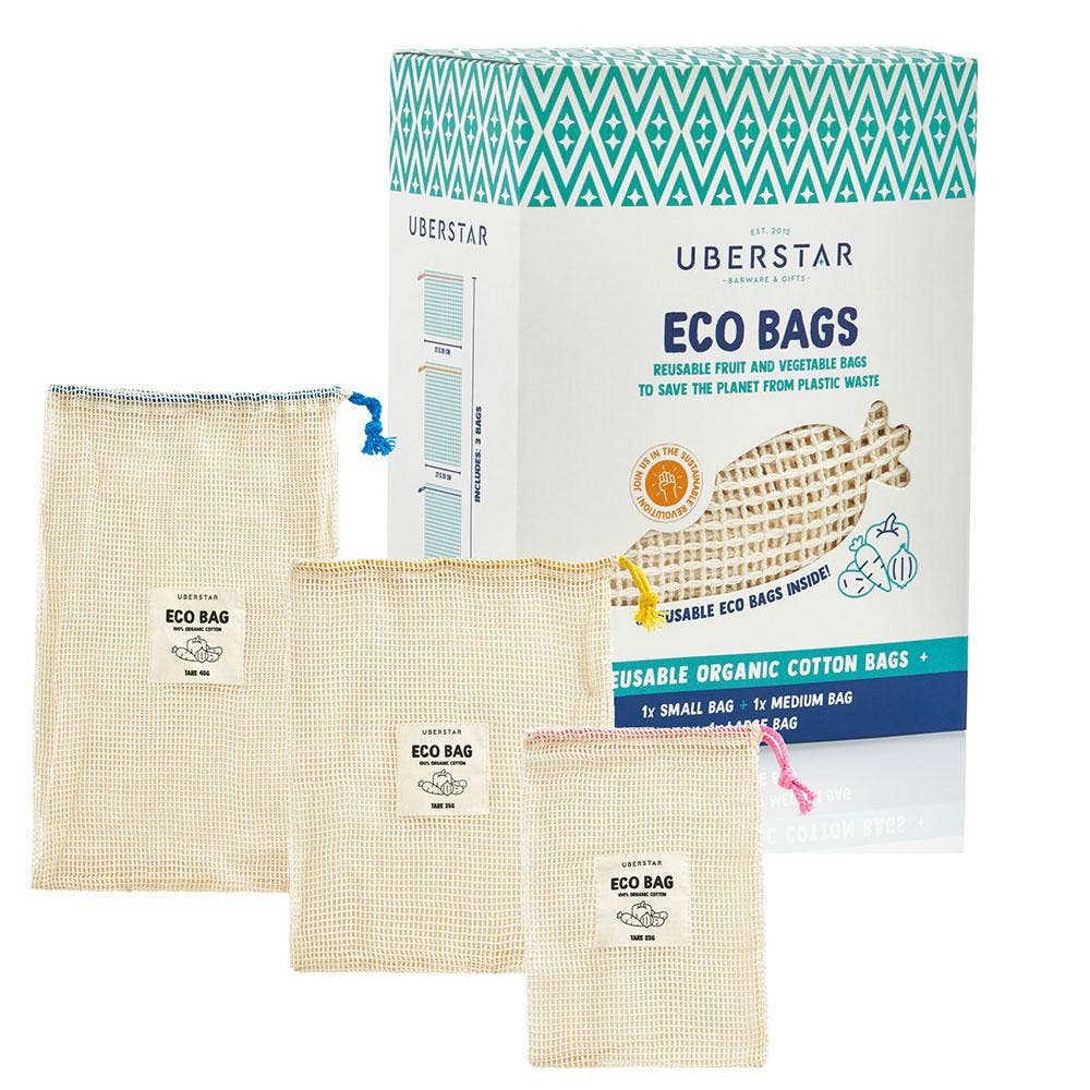 Uberstar eco bags with packaging on a white background