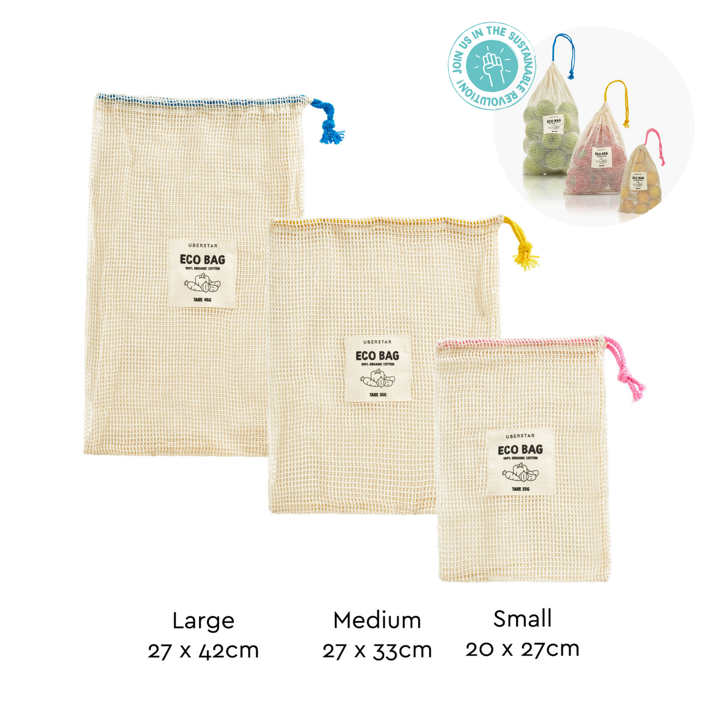 Three eco bags in different sizes with labels and measurements on a white background.