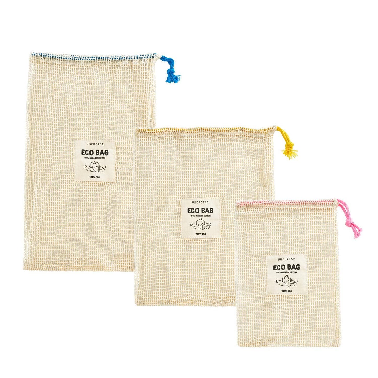 Three mesh eco bags with drawstrings on a white background
