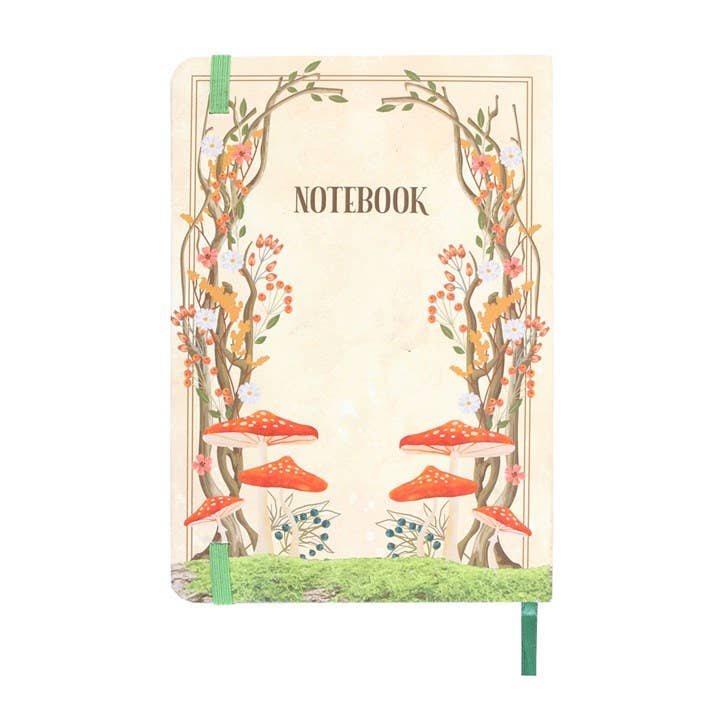 Notebook with mushroom and floral design on a white background