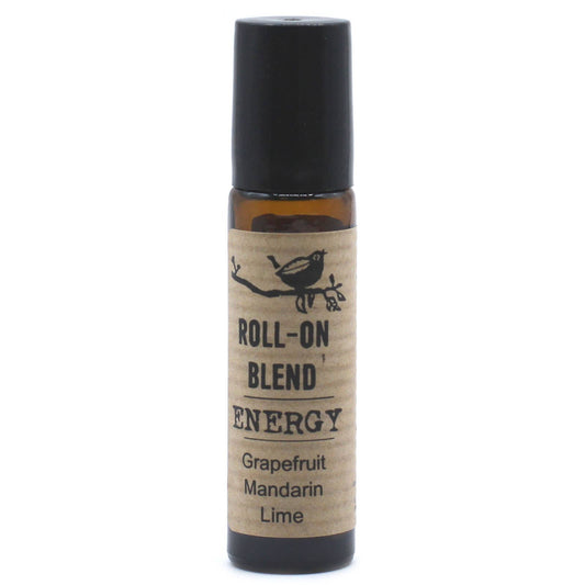 A roll-on blend energy essential oil in a 10ml bottle with a label that includes a bird and the scents listed as grapefruit, mandarin, and lime.